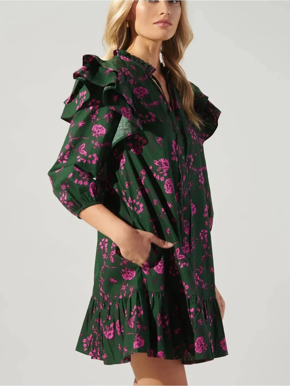 NWT- SUGARLIPS Close To You Sammy Ruffle Drop Waist Green Floral Mini Dress - Picture 2 of 15